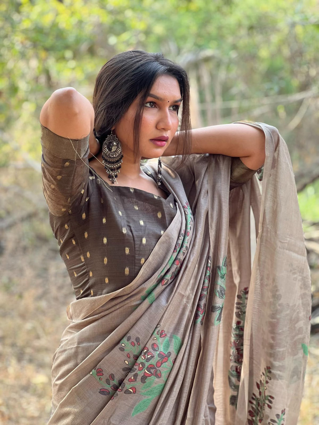 Premium Soft Muga Silk Saree with All-Over Floral Weaving & Contrast Blouse