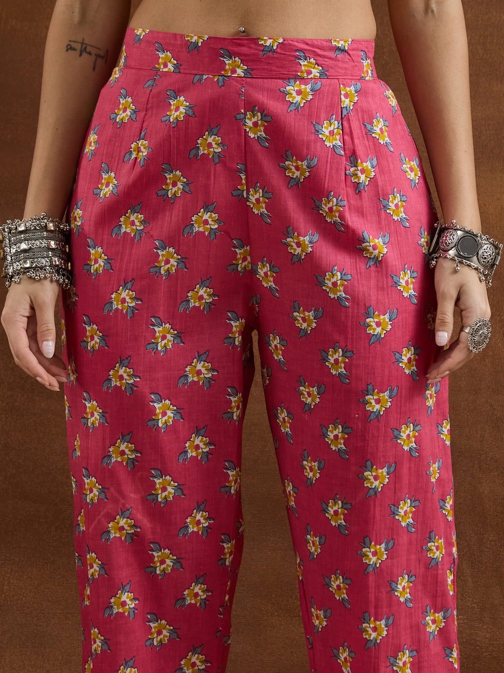 Pink Floral V-Neck Cotton Kurta Set with Matching Dupatta