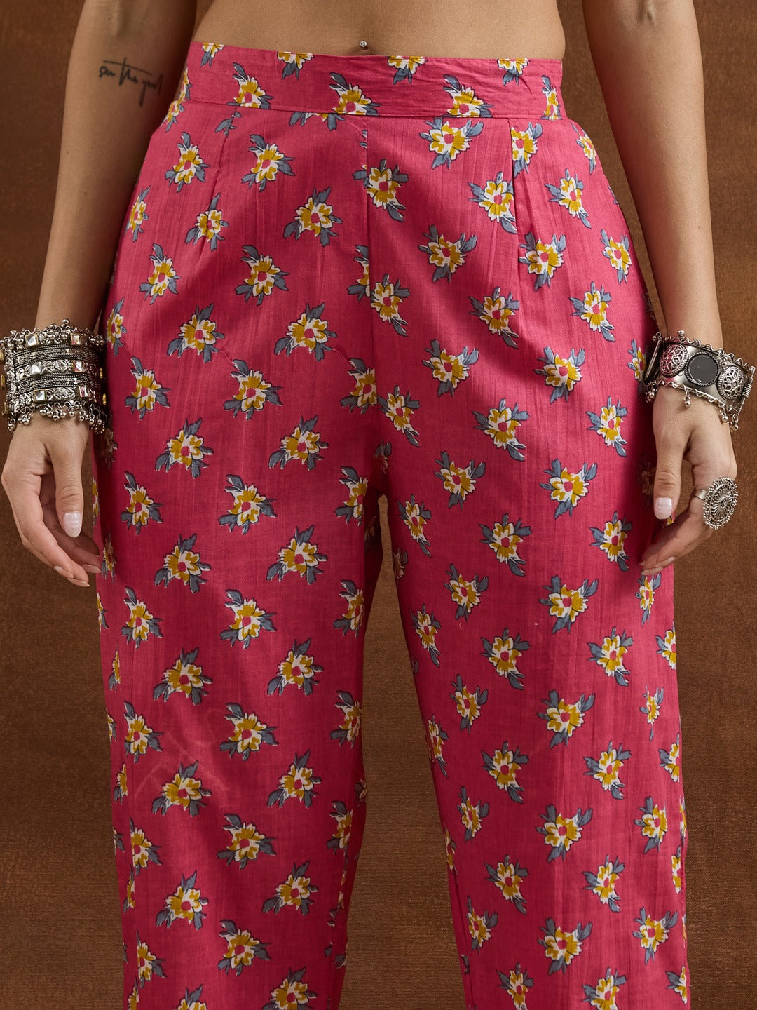 Pink Floral V-Neck Cotton Kurta Set with Matching Dupatta