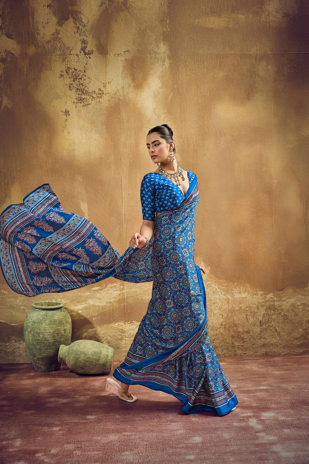 Ajrakh Printed Modal Satin Sarees with Matching Blouse