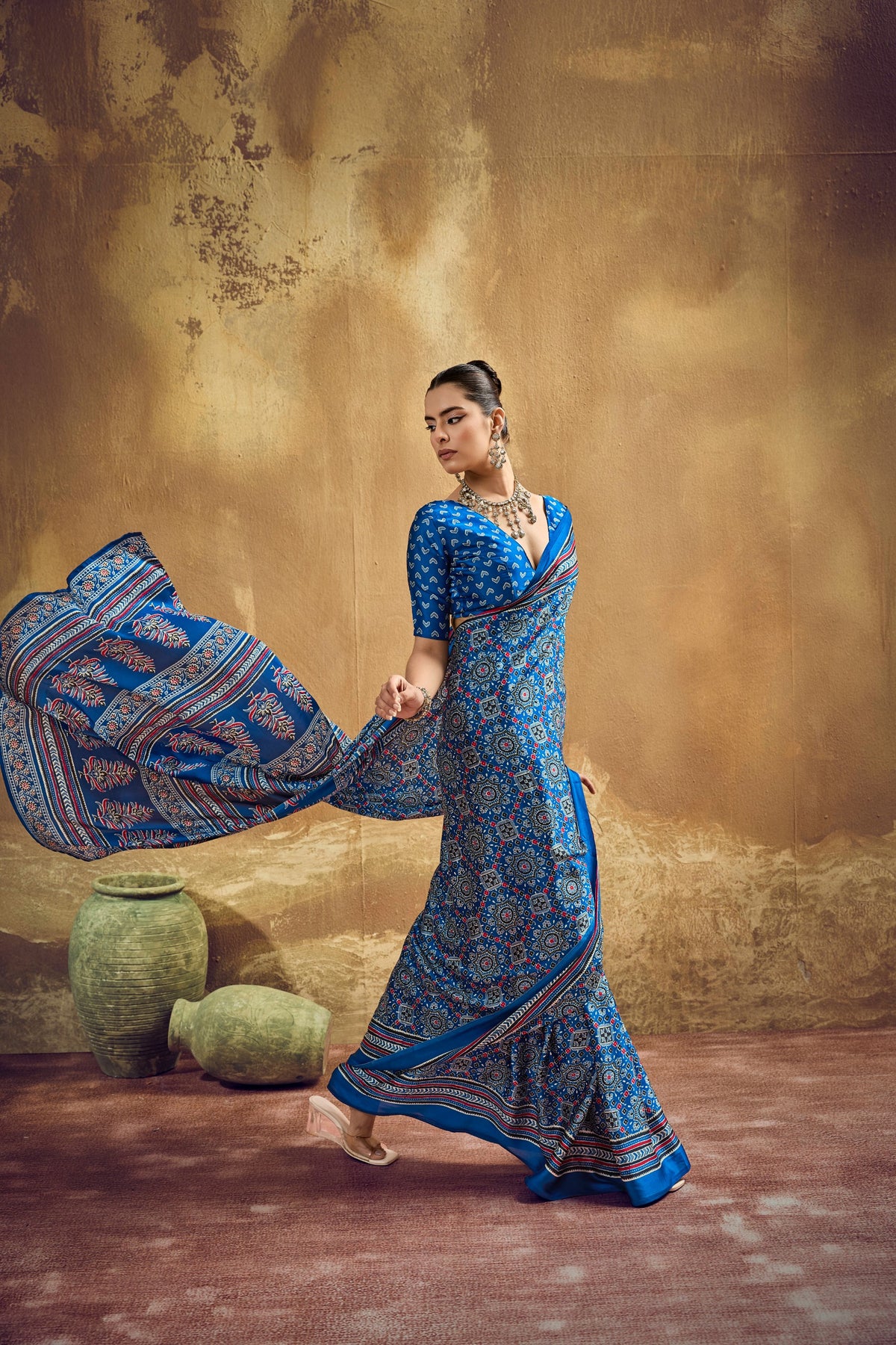 Ajrakh Printed Modal Satin Sarees with Matching Blouse