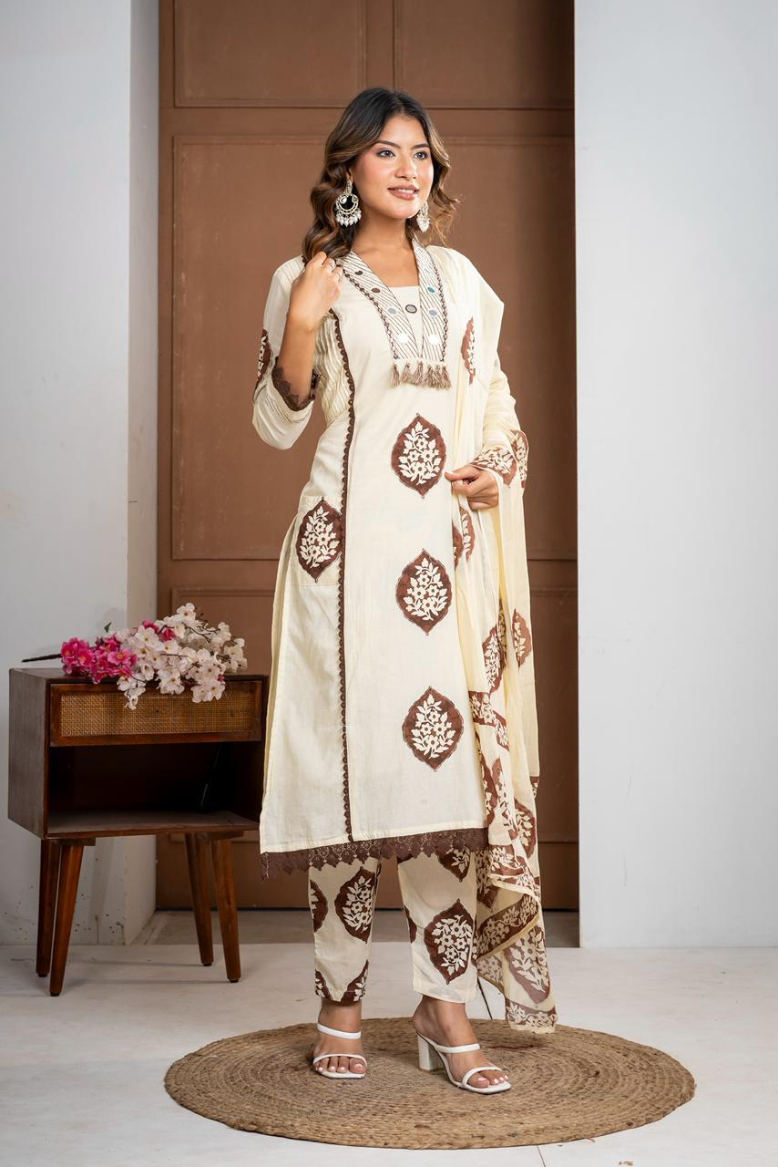 Premium Mal Cotton Floral Printed Suit Set with Embroidered Neckline & Lace Accents