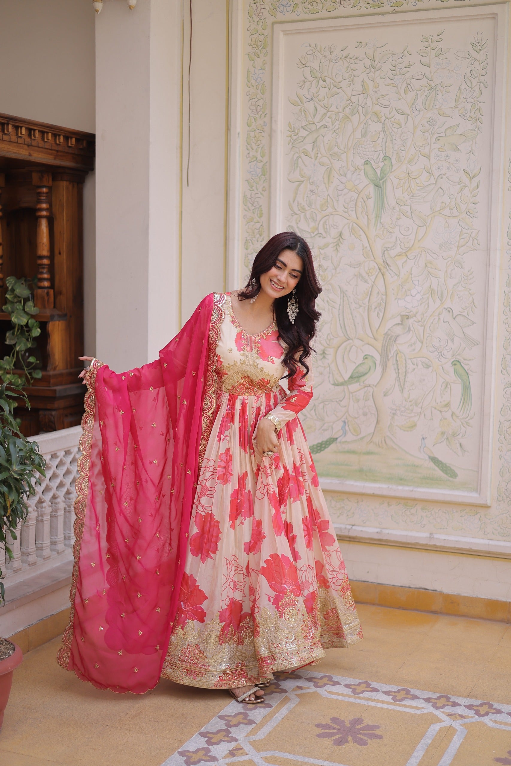 Shop Floral Russian Silk Embroidered Gown & Dupatta Set