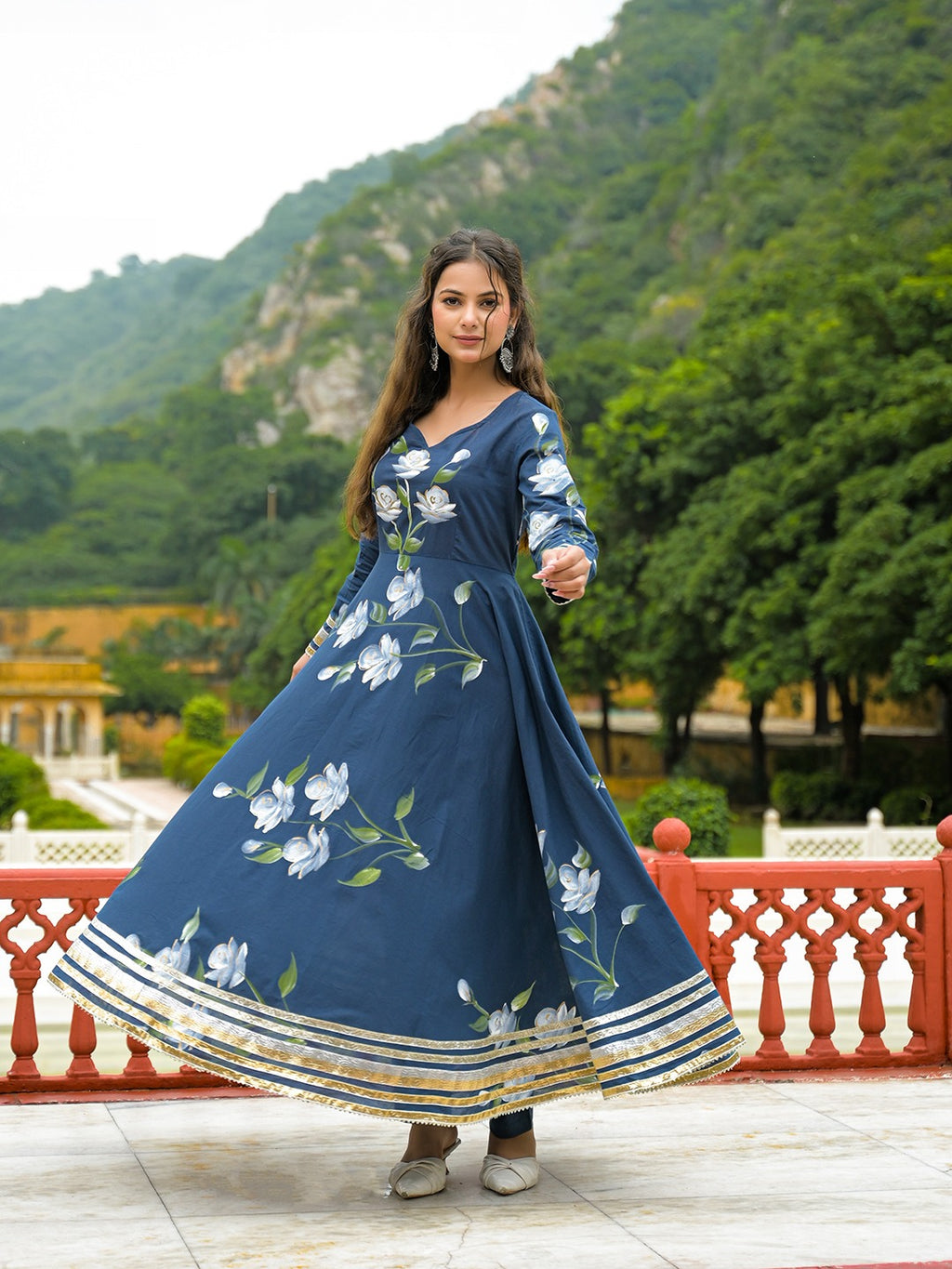 Blue Hand Painted Anarkali Kurta Pant With Dupatta