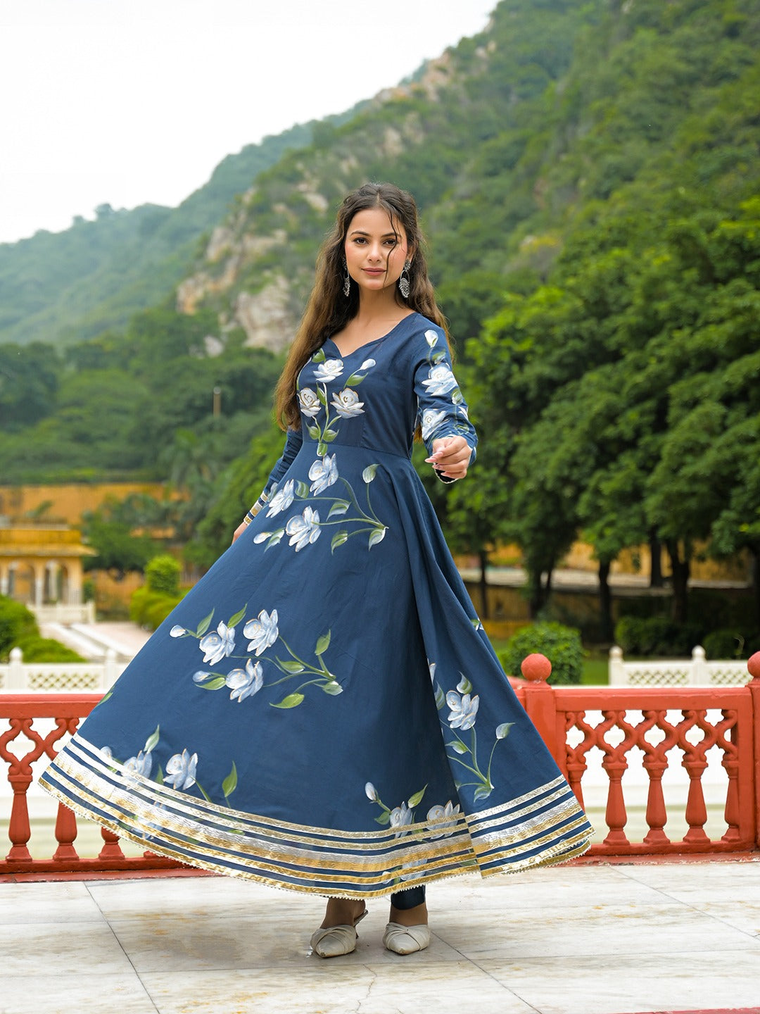 Blue Hand Painted Anarkali Kurta Pant With Dupatta