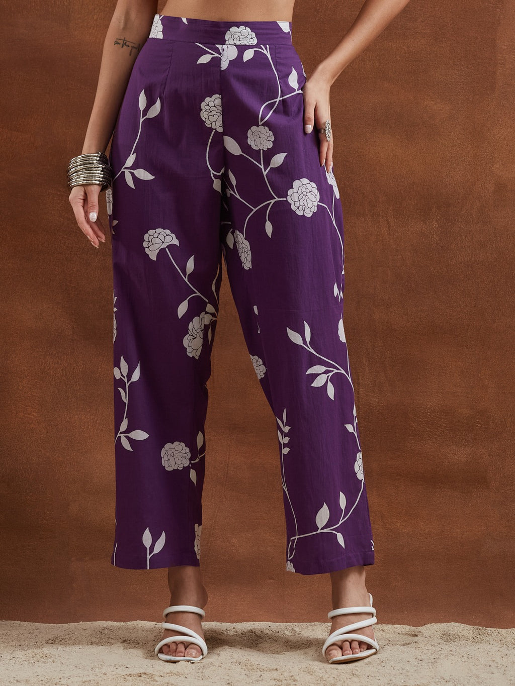 Purple Cotton Printed Anarkali Kurta Set with Mandarin Split V-Neck