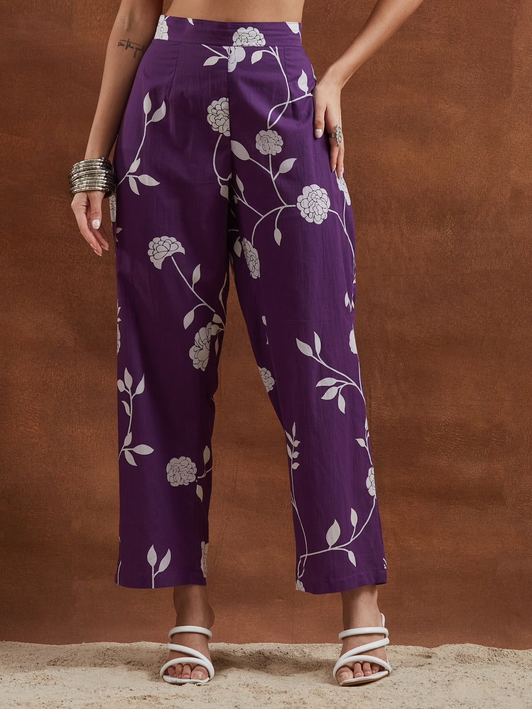 Purple Cotton Printed Anarkali Kurta Set with Mandarin Split V-Neck