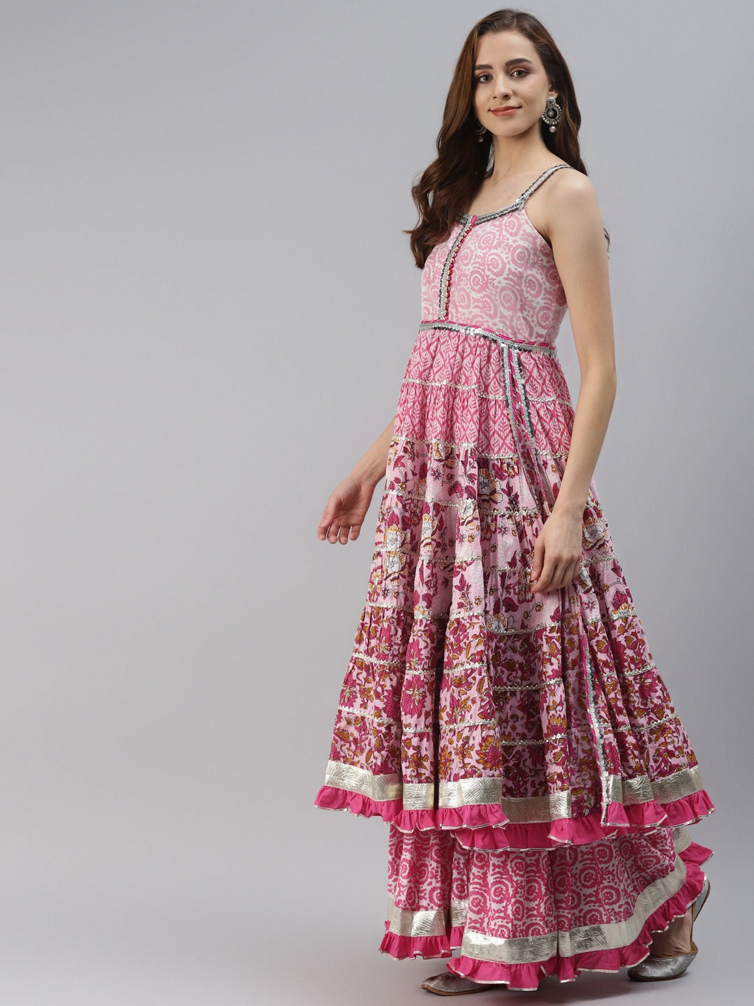 Pink Cotton Sleeves less Anarkali Sharara set with Dupatta