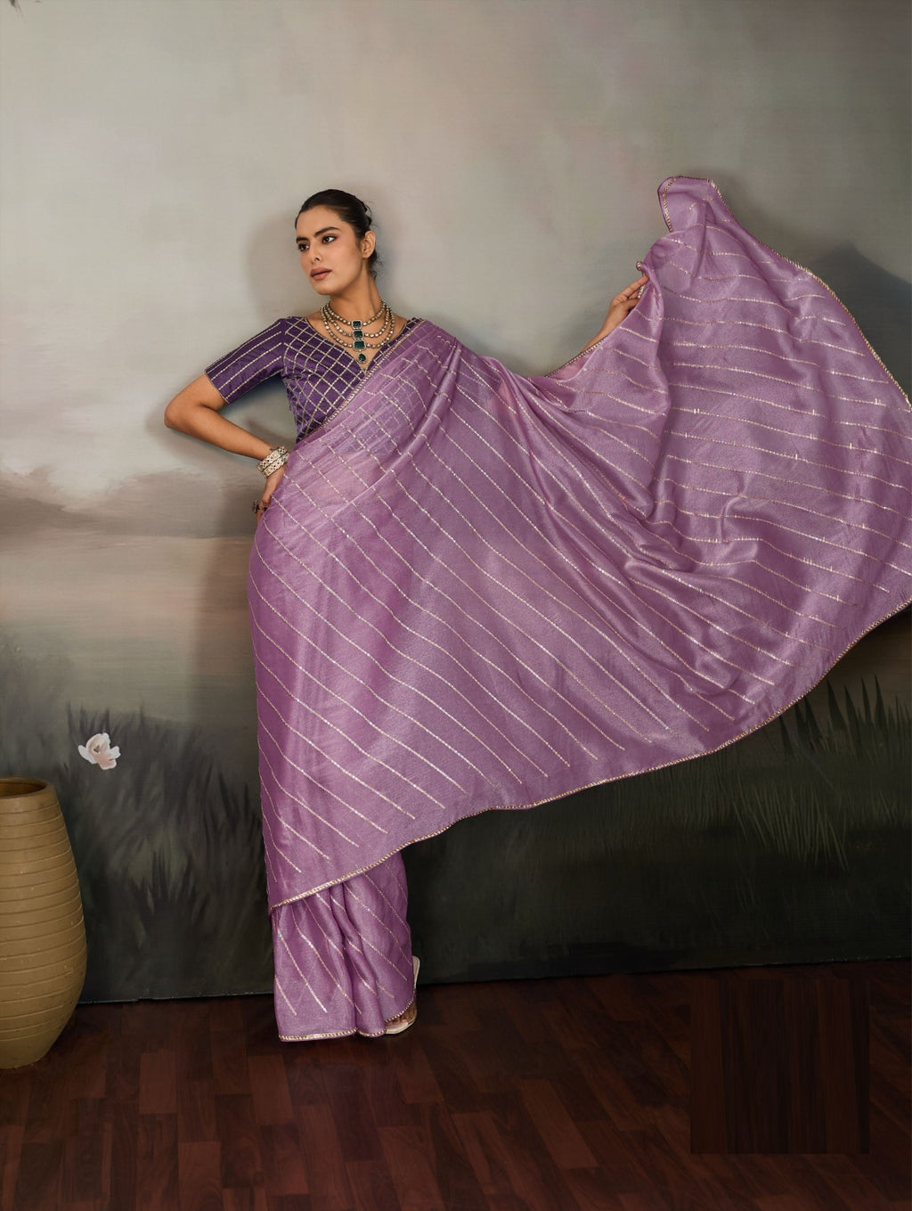 Grainy Moss Chiffon Saree with Cutdana Border & Heavy Embroidered Blouse