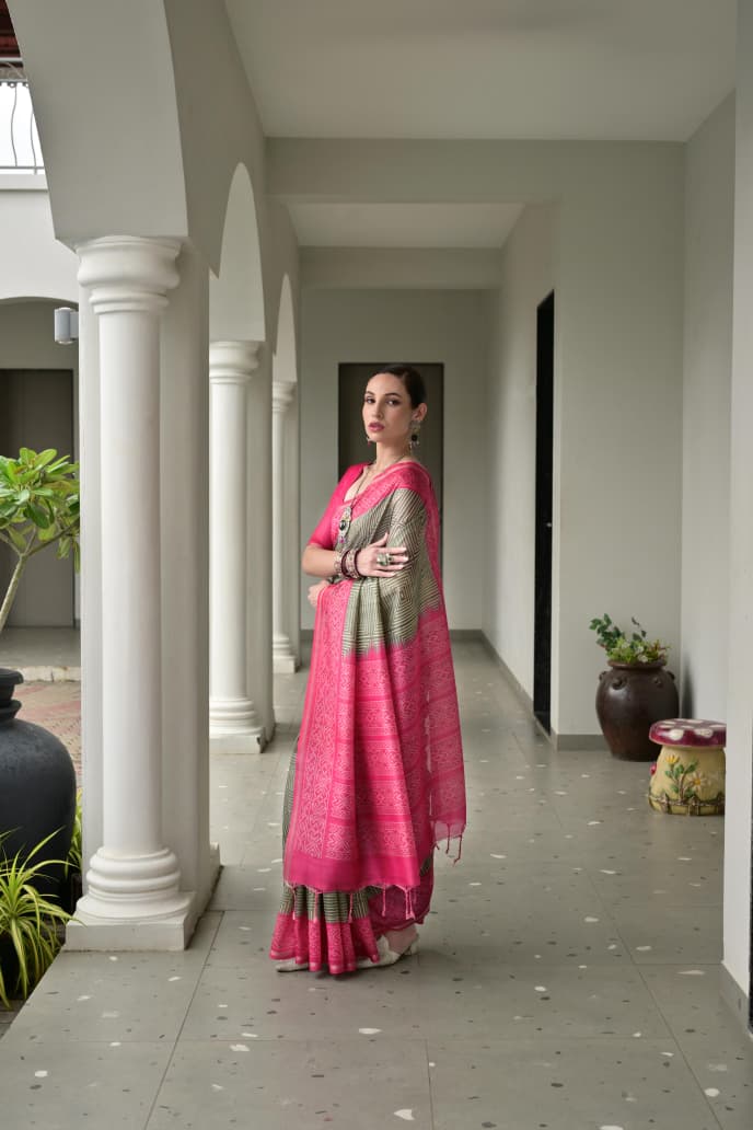 Soft Desi Tussar Silk Saree with Traditional Ikkat Pallu & Tassels