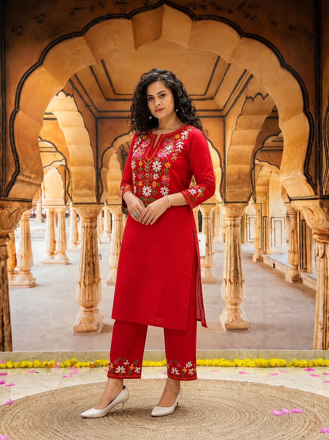 Woman wearing a red embroidered ethnic kurta set standing in a traditional Indian archway.