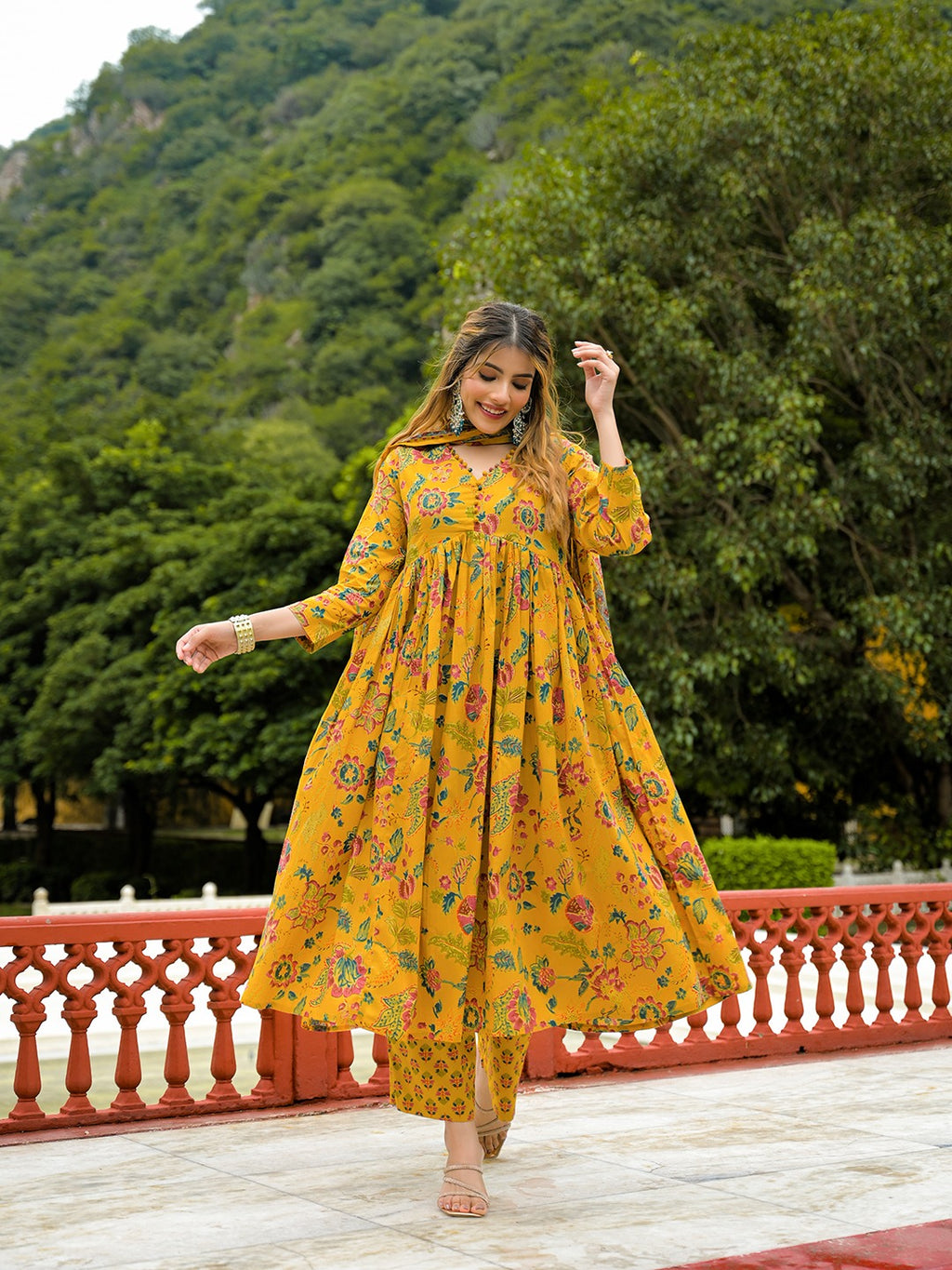 Mustard Yellow Floral Printed Pure Cotton Flared Anarkali Kurta Set with Palazzo & Dupatta