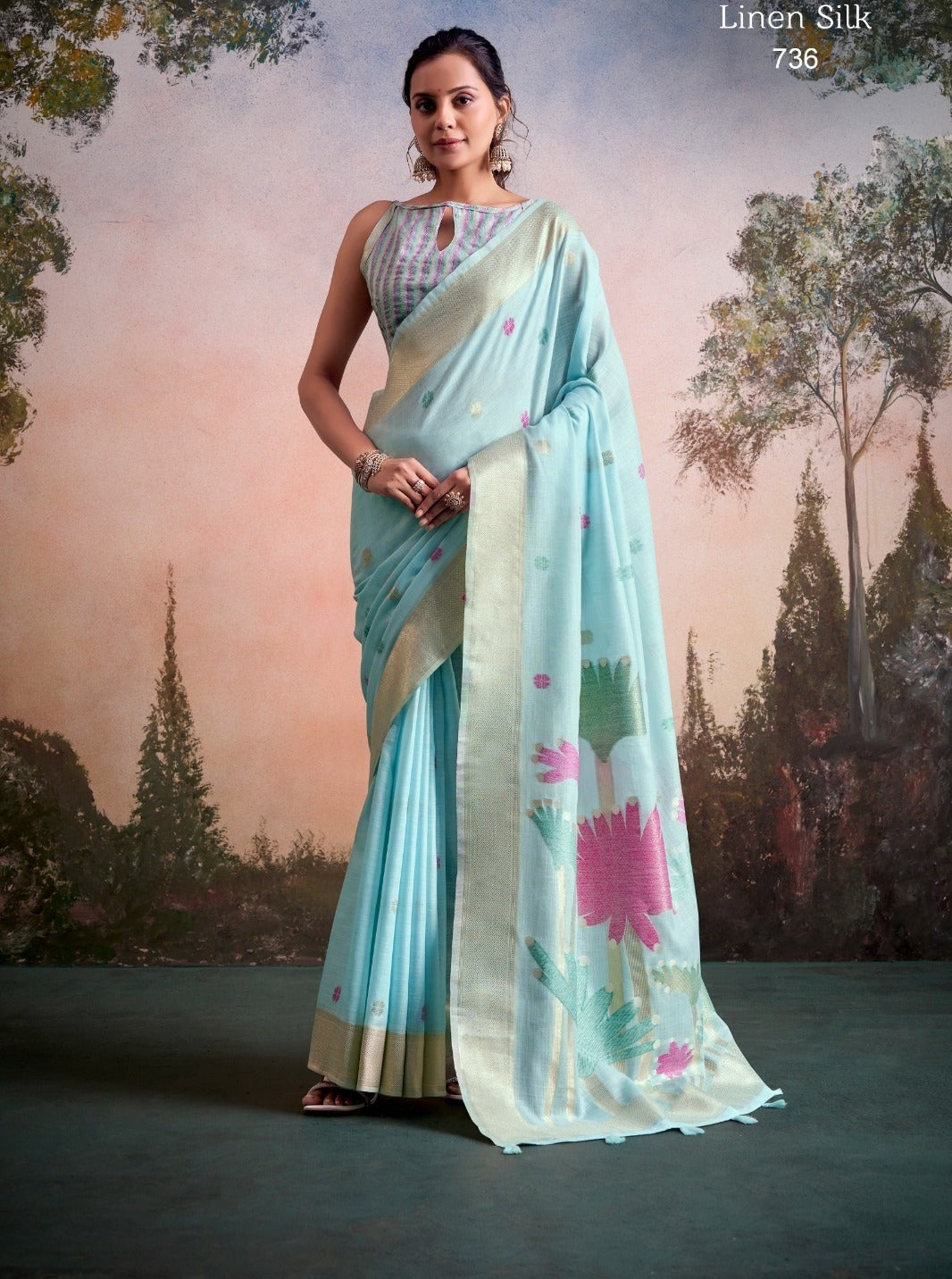 Ethereal Linen Silk Saree with Floral Motif Pallu & Printed Blouse Piece