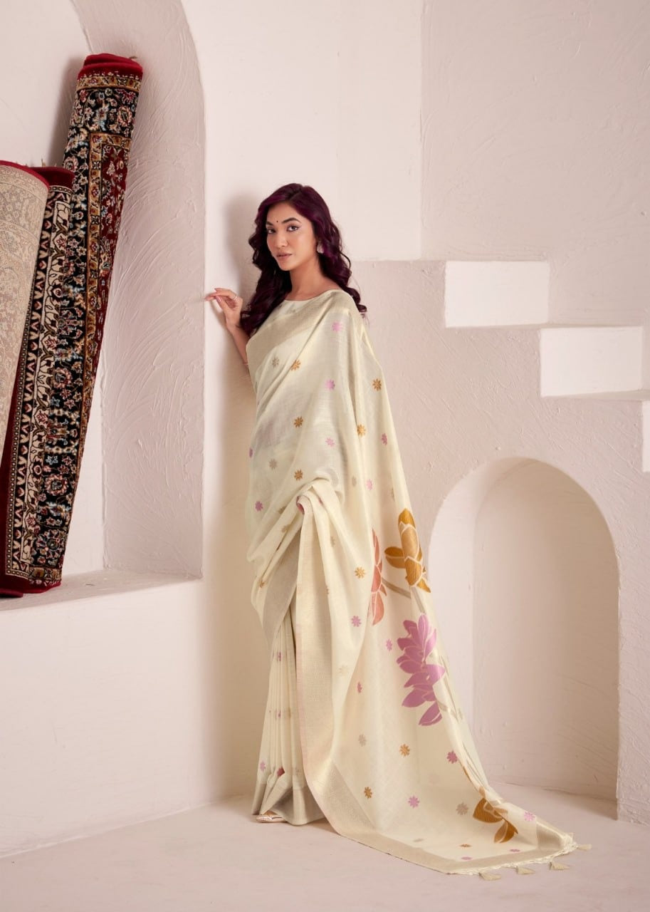 Dynamic Silk: Soft Linen Saree with Rich Jacquard Pallu & Matching Blouse Piece