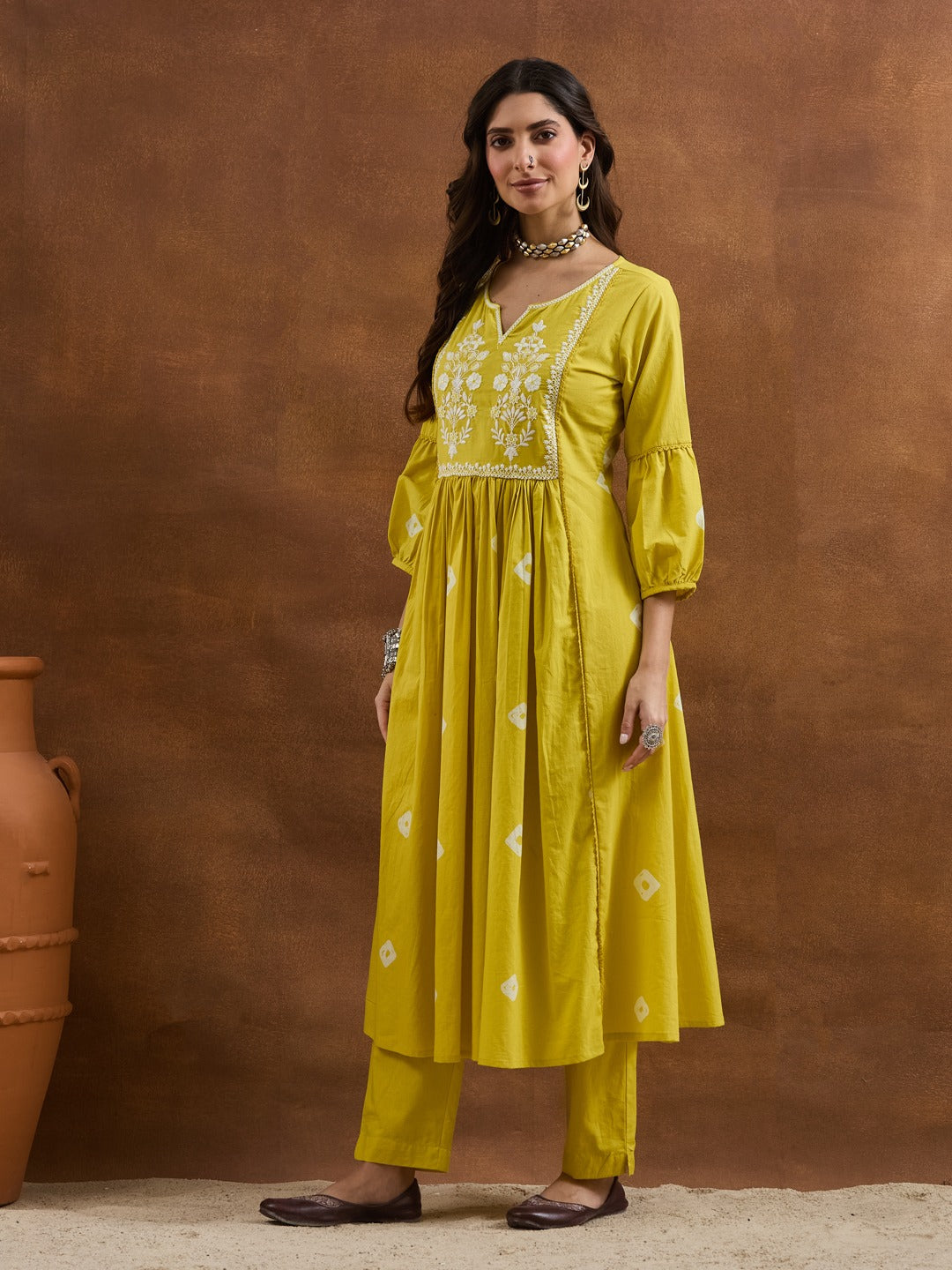 Mustard Yellow Flared Anarkali Set | Floral Thread Embroidery & Lace Detailing