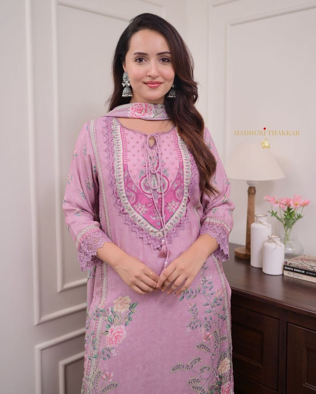 Lilac Pure Muslin Printed Suit Set with Hand Embroidery & Pearl Mala
