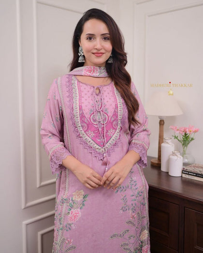 Lilac Pure Muslin Printed Suit Set with Hand Embroidery & Pearl Mala