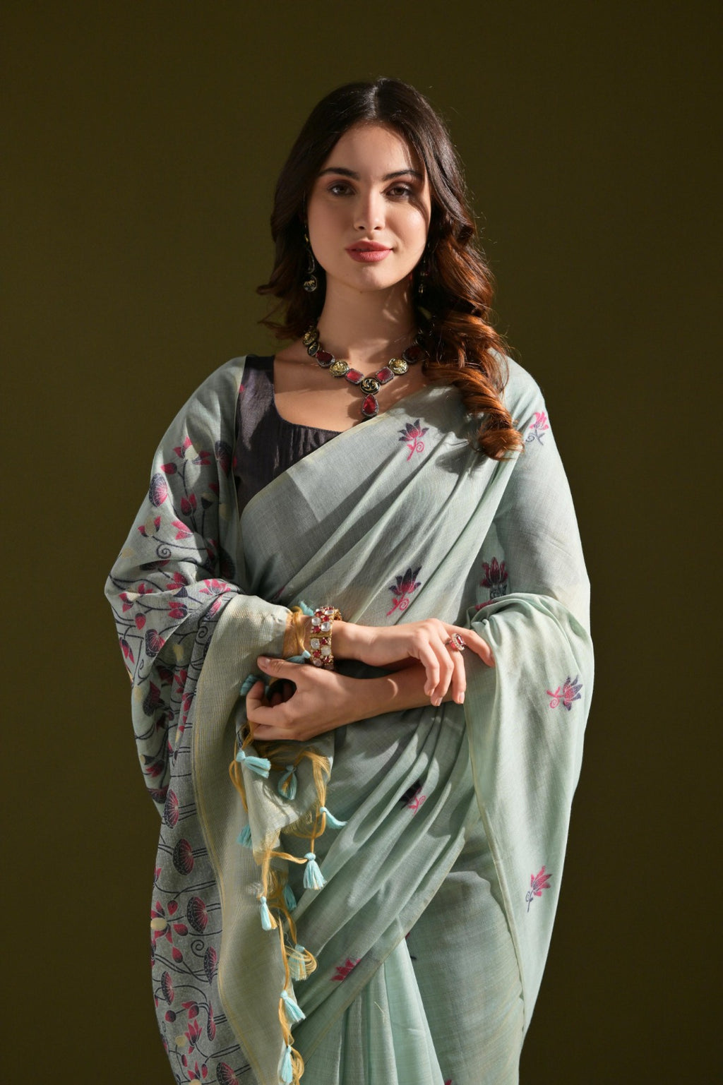 Designer Muga Cotton Saree – Intricate Resham Weave & Pichwai Inspired Motif