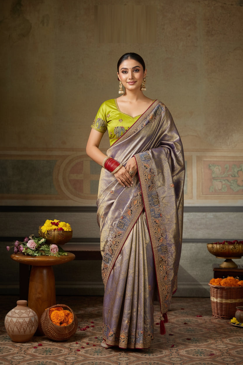Designer Banarasi Silk Jacquard Saree with Zarkan & Pearl Handwork with Contrast Blouse
