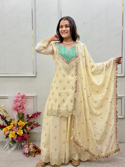Gleam in Opulence: Fully Stitched Chinon Silk Sharara Suit Set with Emerald Yoke & Mirror Diamond Handwork
