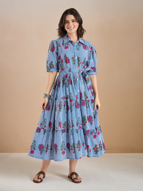 Floral Print Pure Cotton Blue Dress