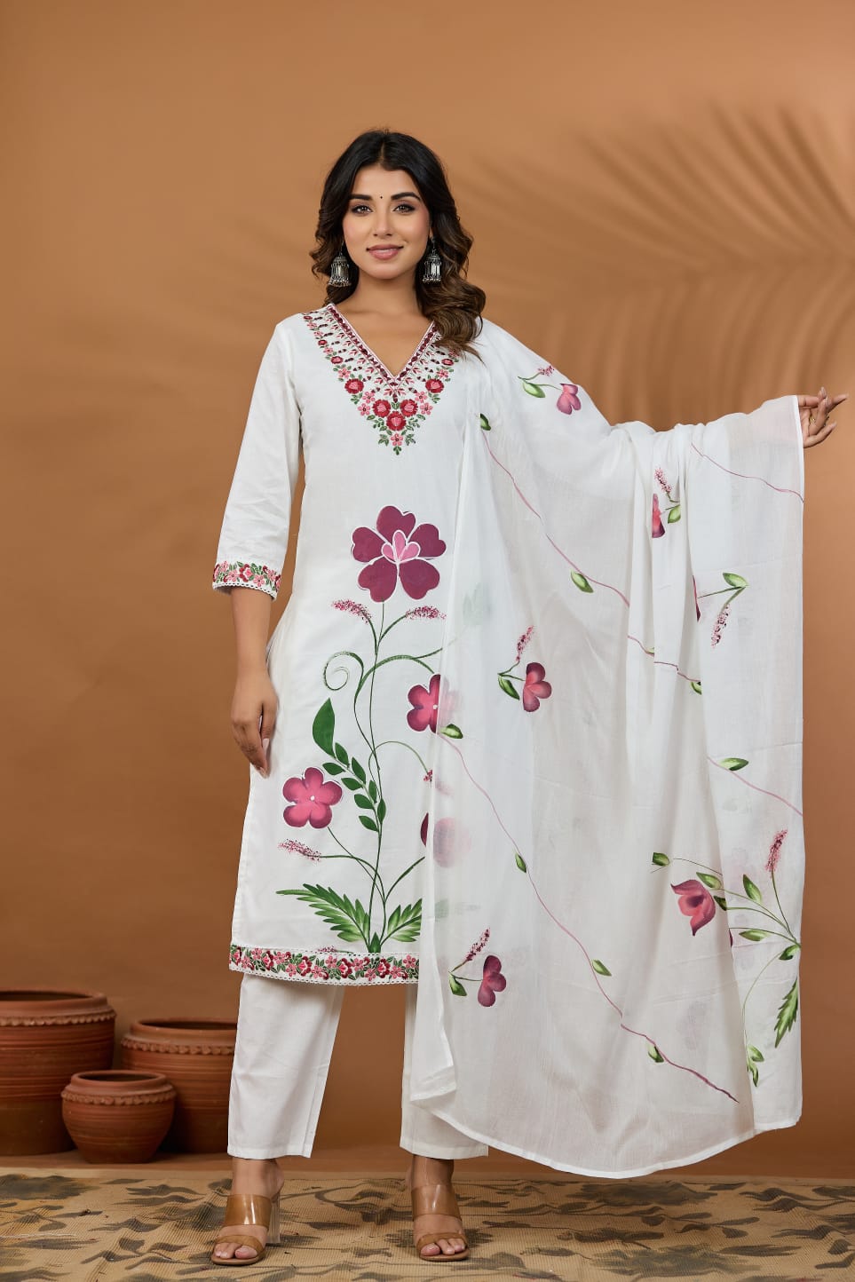 Handcrafted Mal Cotton Floral Embroidered Suit Set