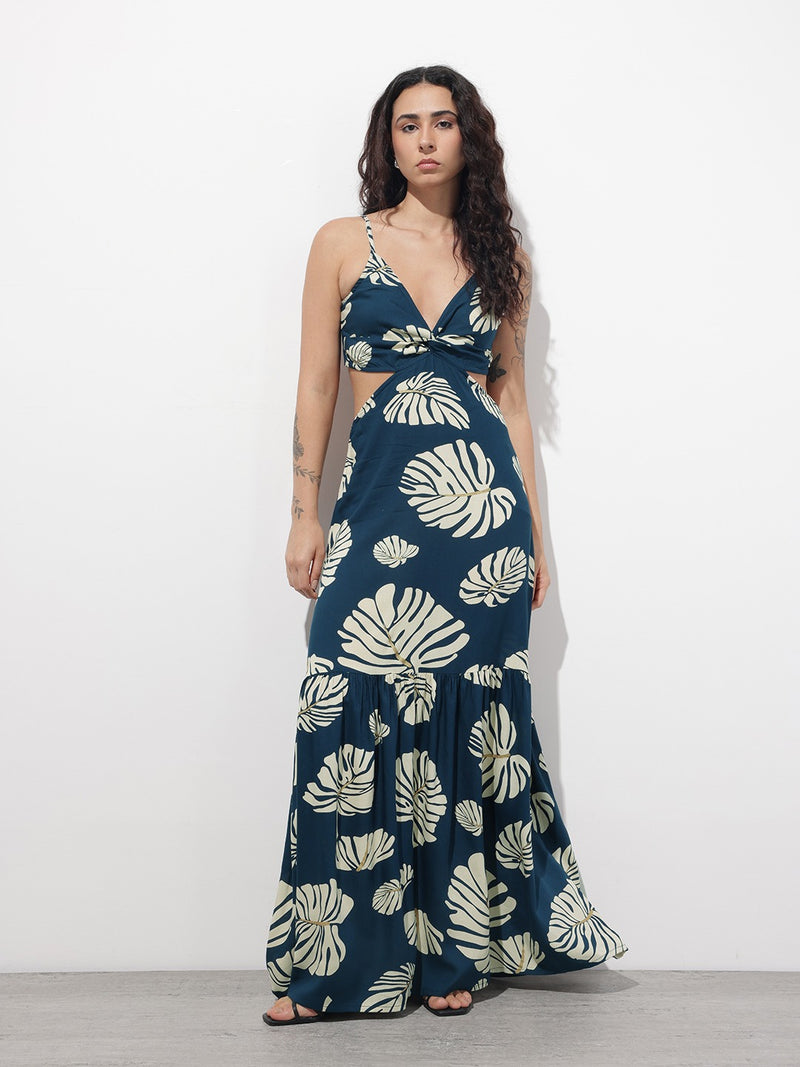 Blue printed shoulder strap rayon dress with flowy tiered hemline for women