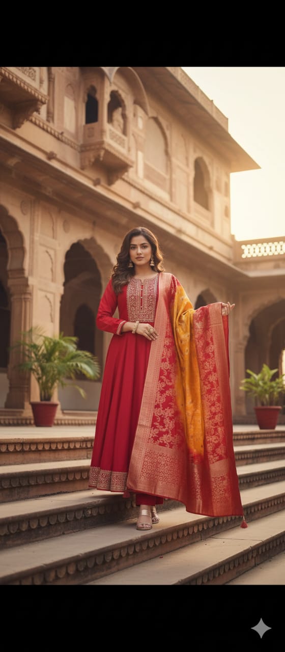 Royal Golden Zari Banana Silk Anarkali Kurti Set with Banarasi Dupatta