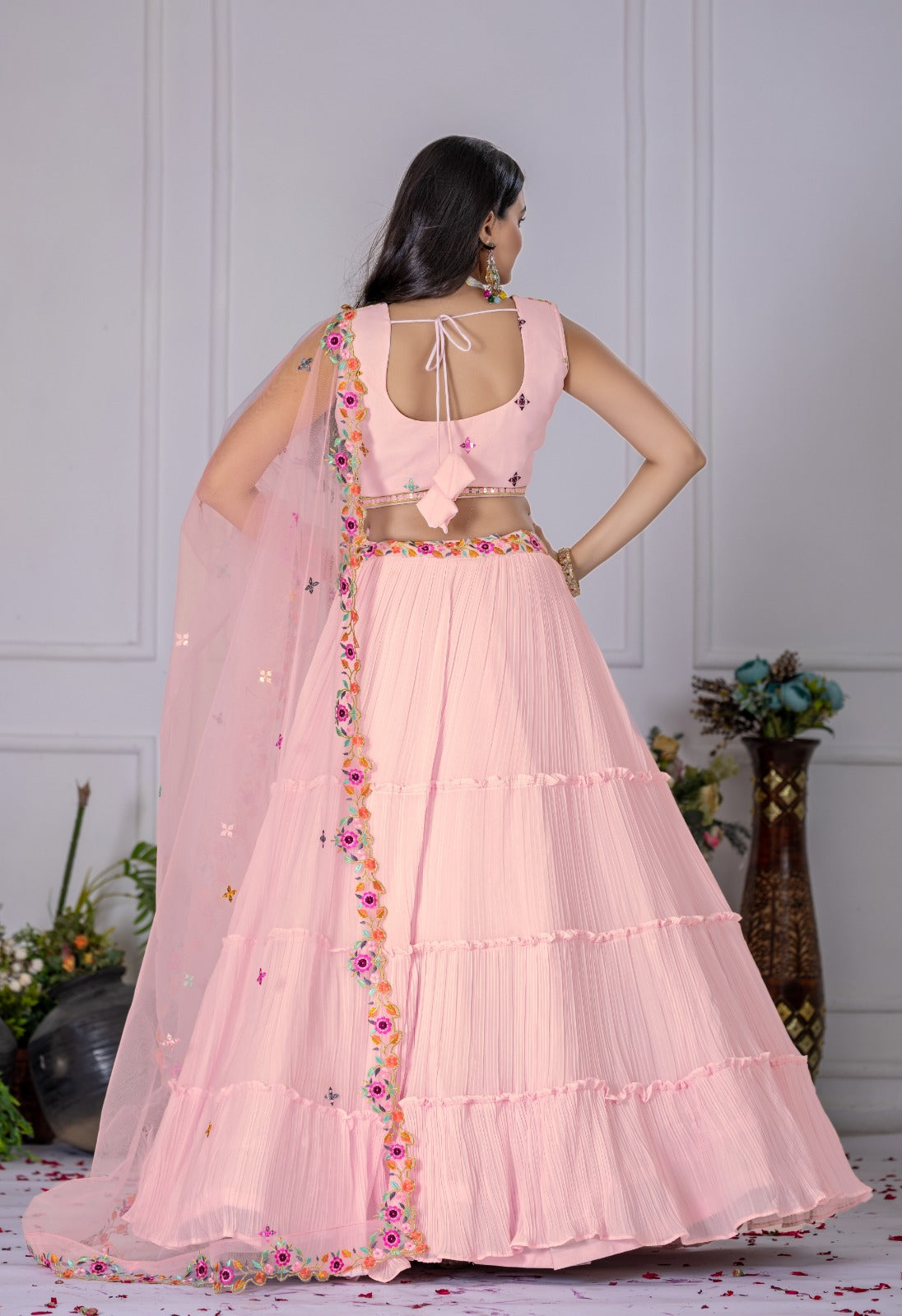 Georgette Pleated Lehenga Set with Embroidered Blouse | Festive Wear