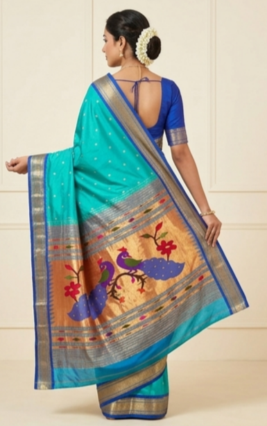 Pure Silk Handloom Paithani Saree in Turquoise with Fancy Peacock Pallu