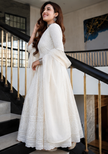 Cotton Long Kurti with Heavy Chikankari Sequence Work & Chanderi Dupatta