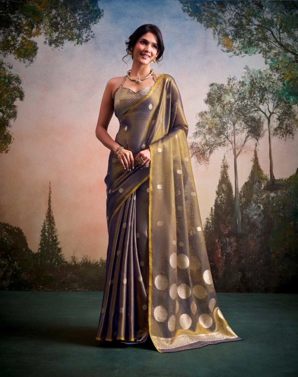 Luminous Tissue Silk with Gold Zari Motifs