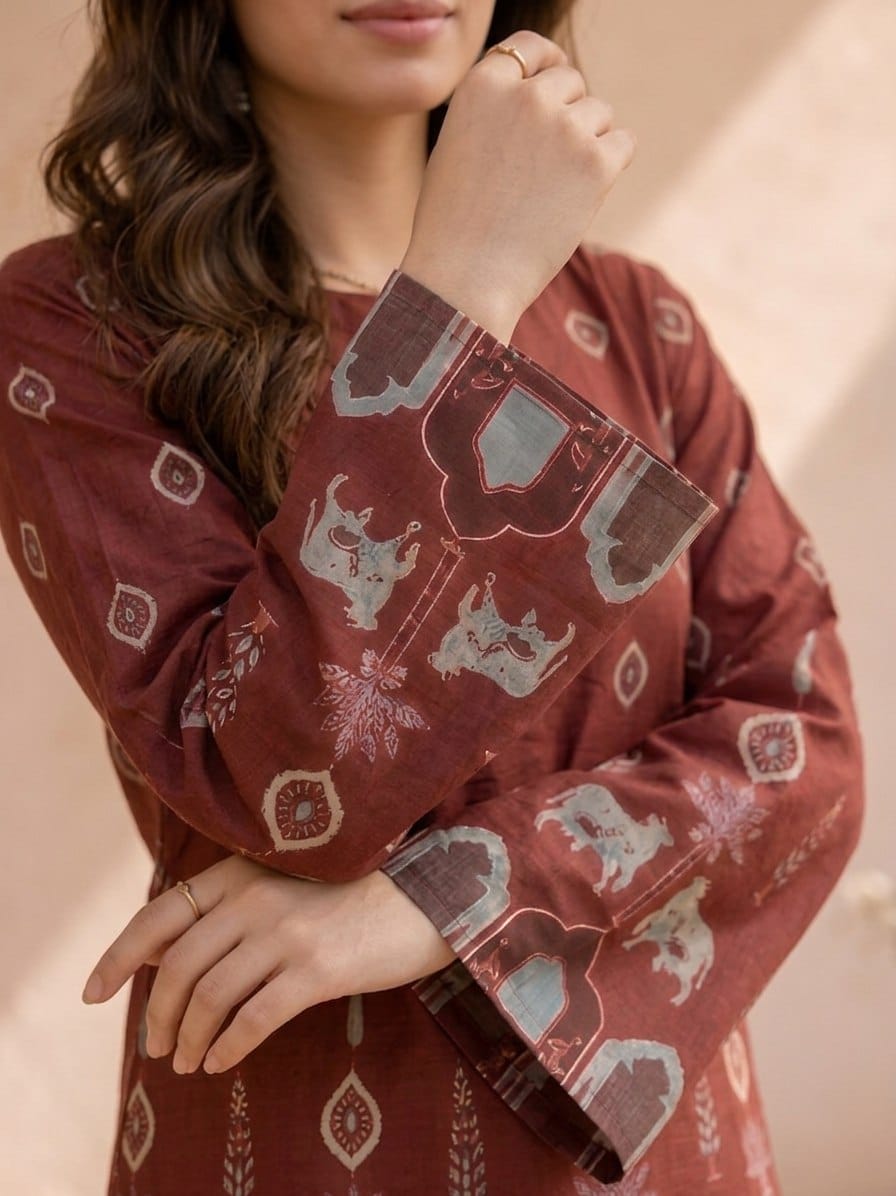 Effortless Elegance: Maroon Cotton Kalamkari Bell-Sleeve Tunic
