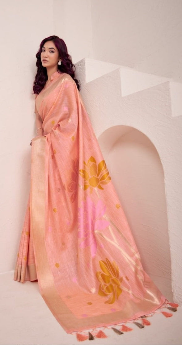 Dynamic Silk: Soft Linen Saree with Rich Jacquard Pallu & Matching Blouse Piece
