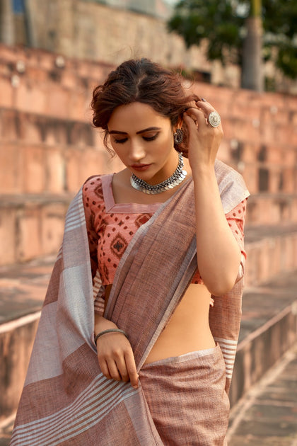 Timeless Elegance Meets Organic Luxury: Soft Linen Silk Sarees with Textured Khadi Work & Designer Blouse Piece