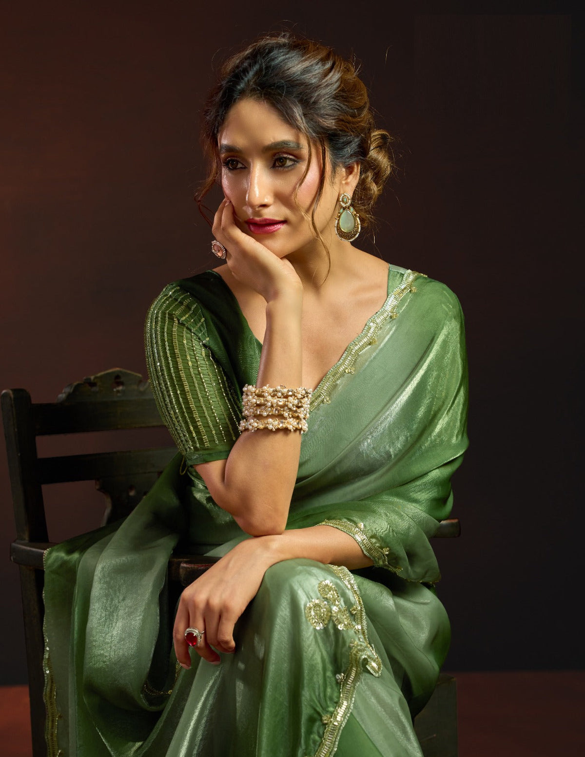 Dual-Tone Digital Shaded Fandy Satin Saree with Intricate Beadwork Border