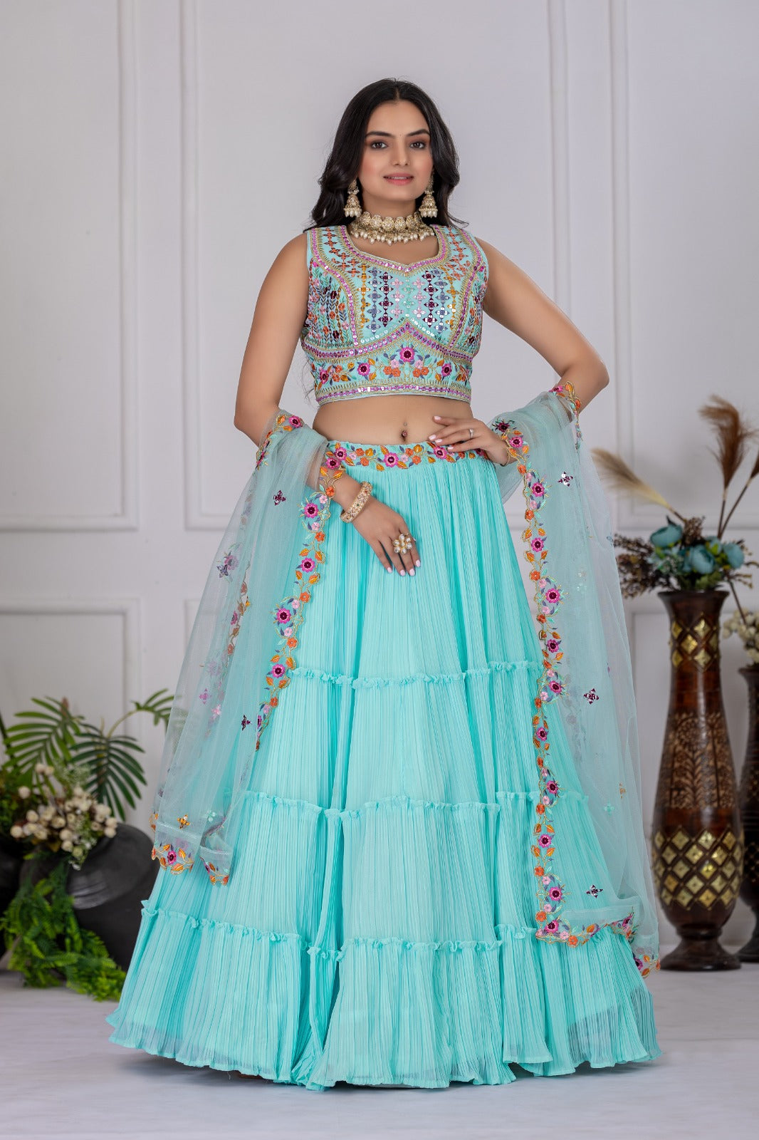Georgette Pleated Lehenga Set with Embroidered Blouse | Festive Wear