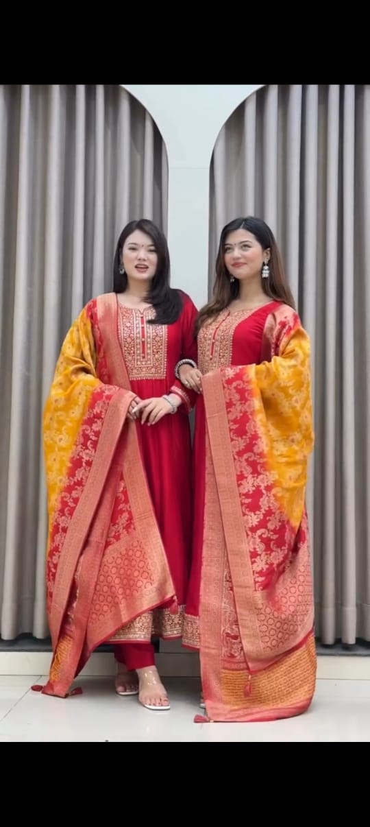 Royal Golden Zari Banana Silk Anarkali Kurti Set with Banarasi Dupatta