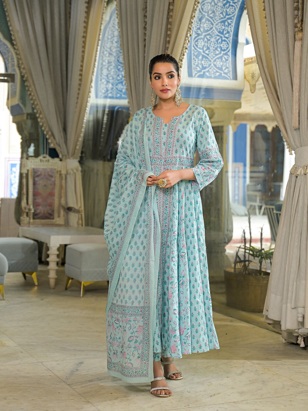 Sky Blue Printed Pure Cotton Anarkali Suit Set