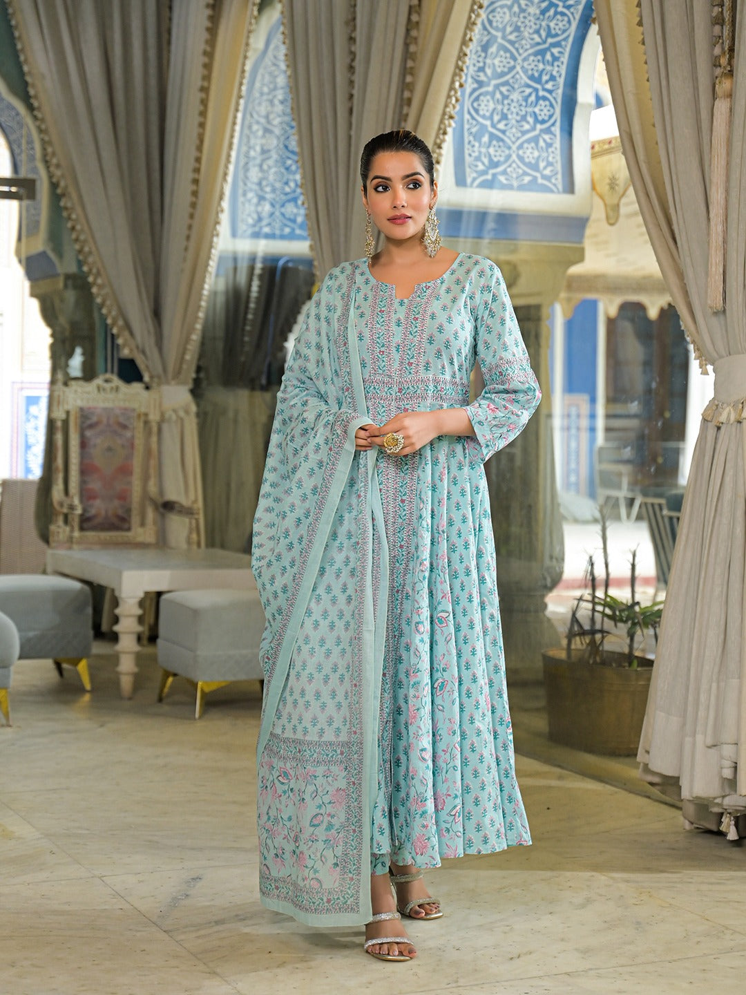 Sky Blue Printed Pure Cotton Anarkali Suit Set