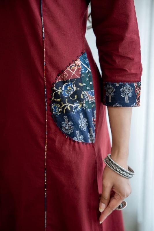 Effortless Elegance: Handcrafted Cotton Kurta Set with Applique, Katha Work & Designer Pockets