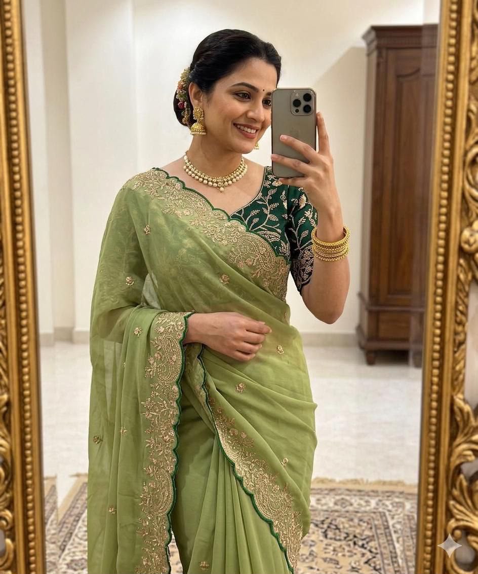 Woman in an elegant sage green embroidered saree with a dark green blouse and traditional jewelry.