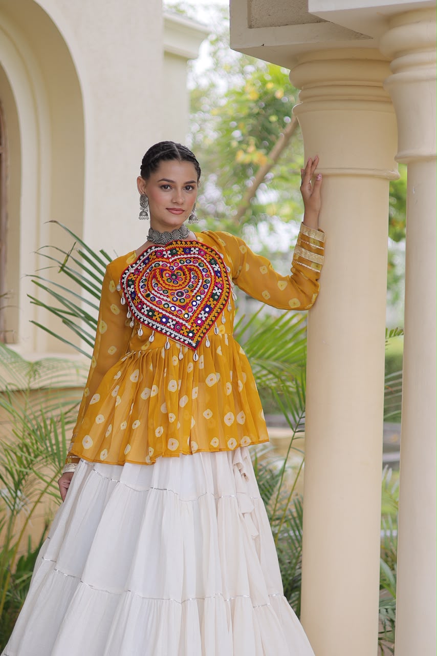 Kutchi Gamthi Patchwork Bandhani Top with Tiered Kora Cotton Lehenga