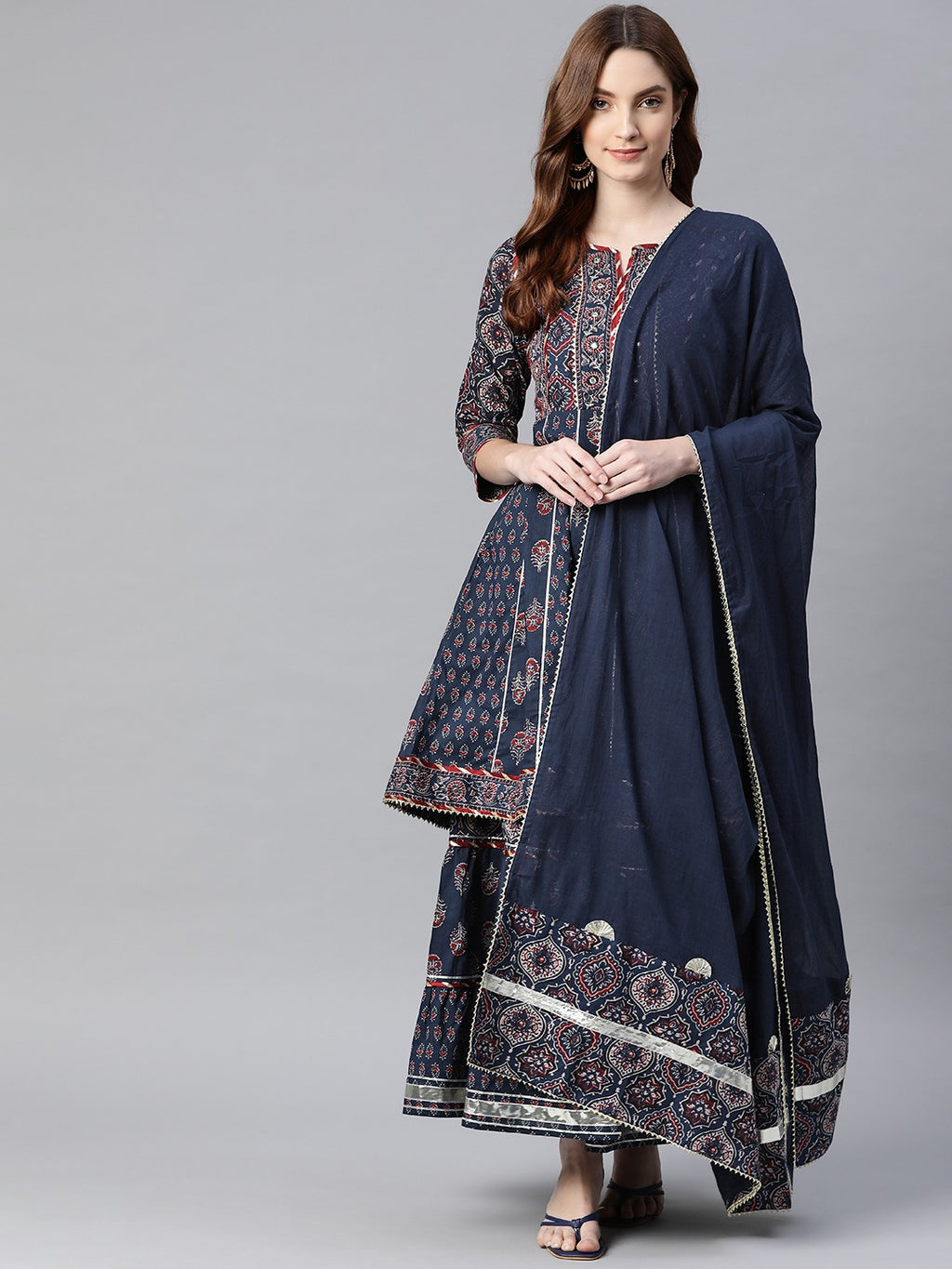 Women's Indigo Cotton Anarkali Short Kurti & Sharara Set with Dupatta