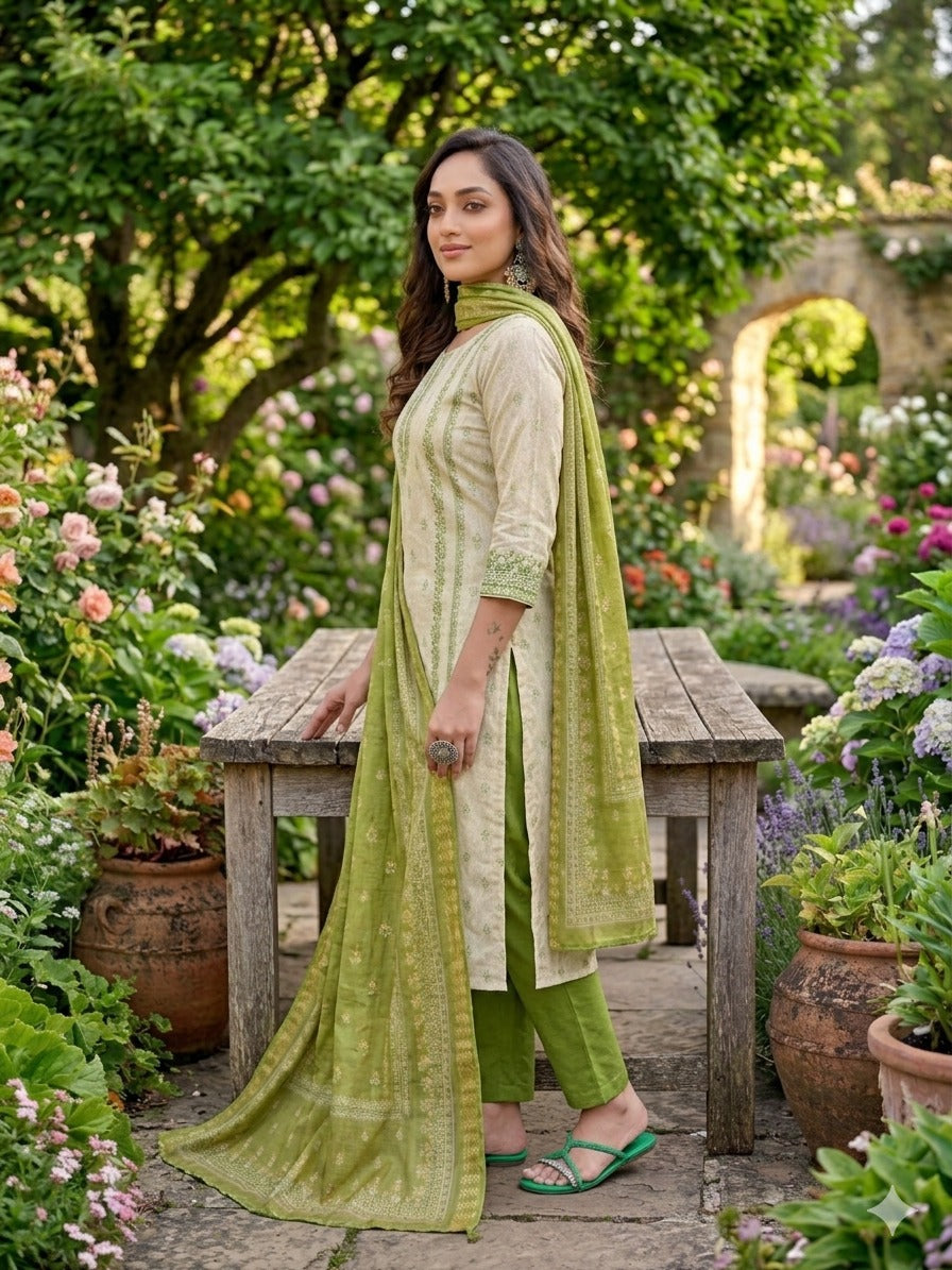 Jacquard Simmar Handwork Kurta with Dyeable Chanderi Pants & Printed Organza Dupatta