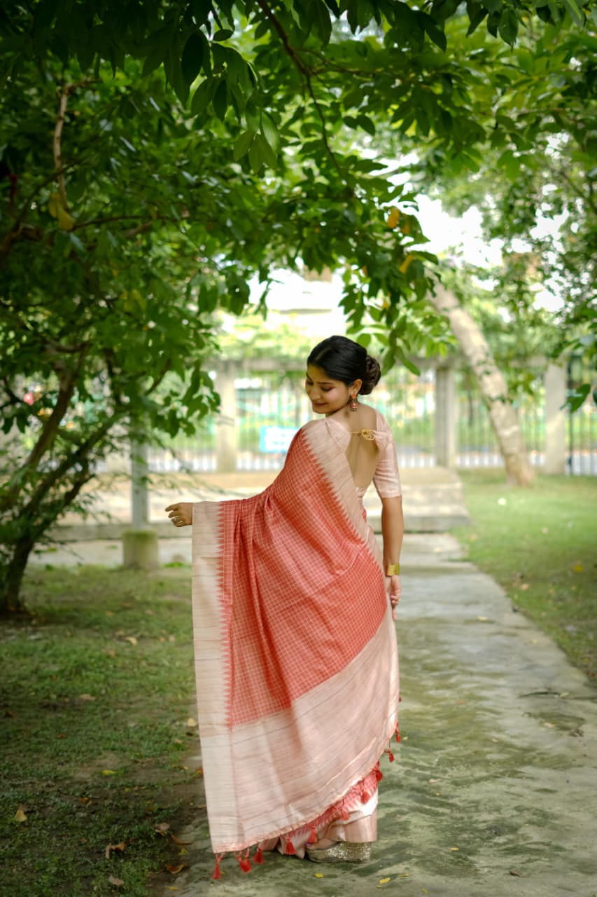 Soft Tussar Silk Saree with Kantha Weave Contrast Border & Check Print