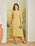 Women Floral Printed A-Line Yellow Kurta With Pants