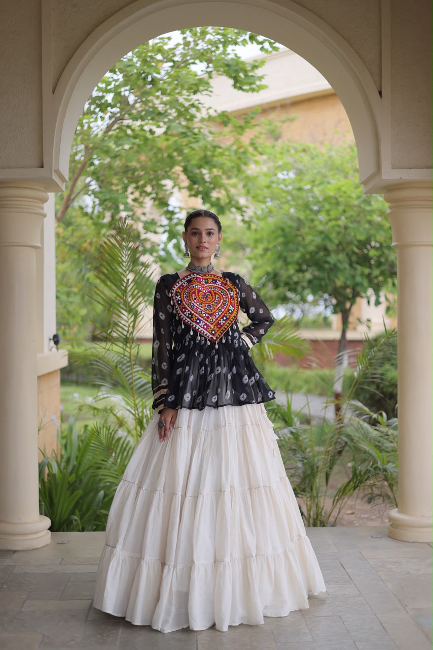 Kutchi Gamthi Patchwork Bandhani Top with Tiered Kora Cotton Lehenga