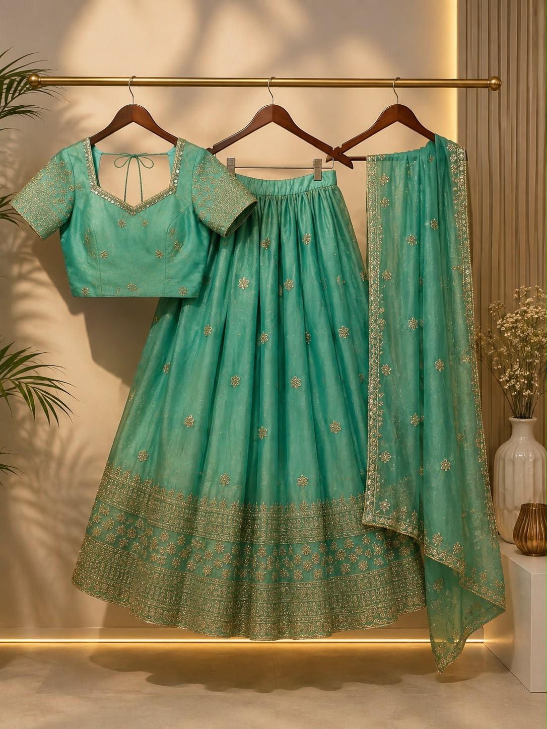 Embroidered Sindoori Silk Lehenga Set | Yellow & Teal Festive Suit