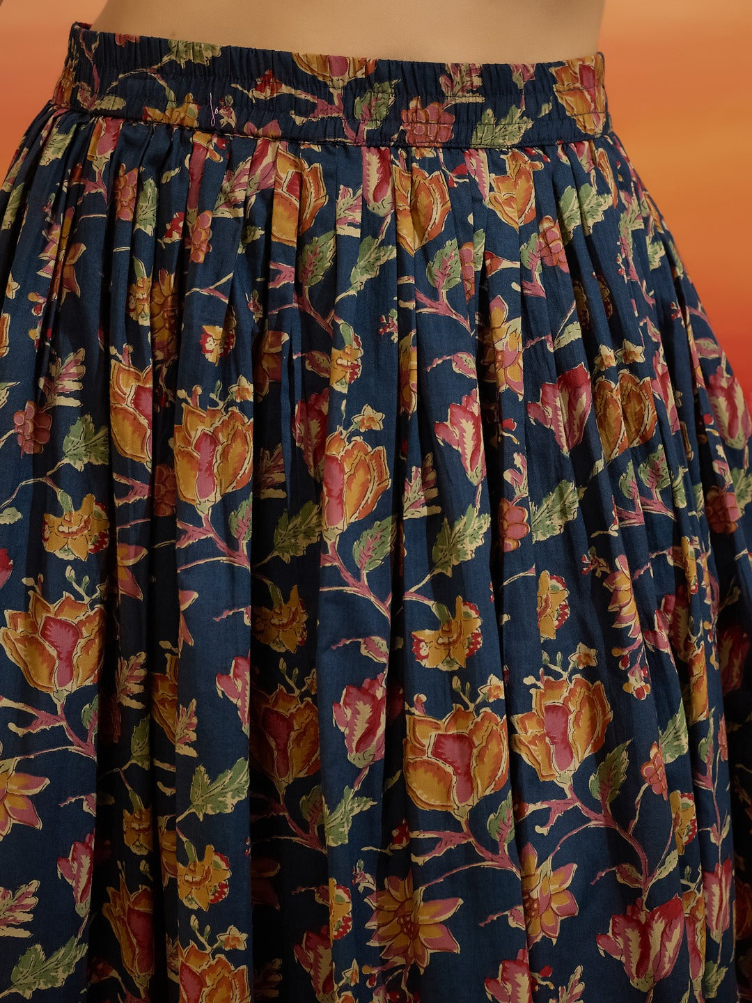 Floral & Botanical Printed Blue Cotton 3-Piece Kurti Skirt Dupatta Set